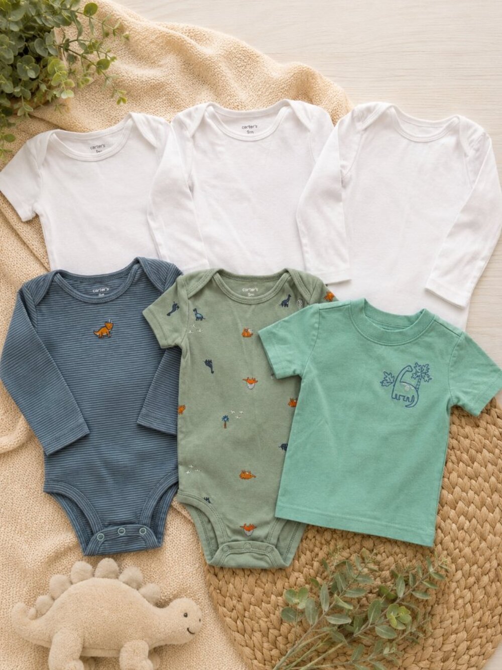 Carter's Baby Bodysuit Tee Set 9 Months Dinosaur White Basics Lot of 6 Infant